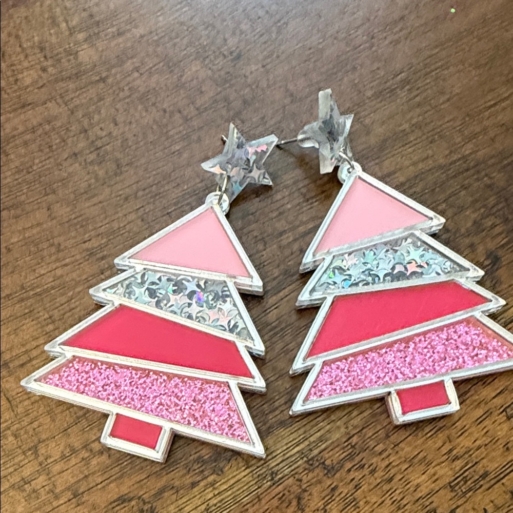 Festive Pink and Silver Christmas Tree Earrings